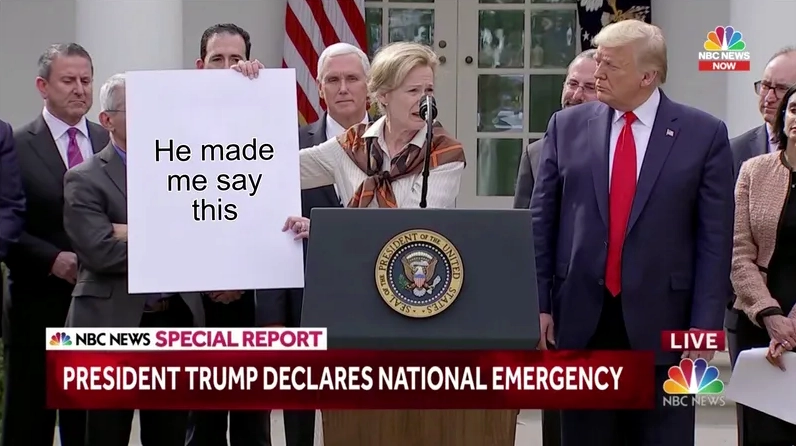 Ảnh meme Red flag Trump press conference sign cảnh báo