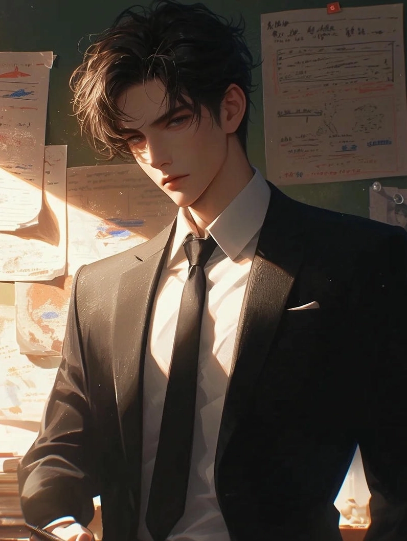 Ảnh meme Tổng tài anime phong cách quý ông với vest đen và cà vạt.