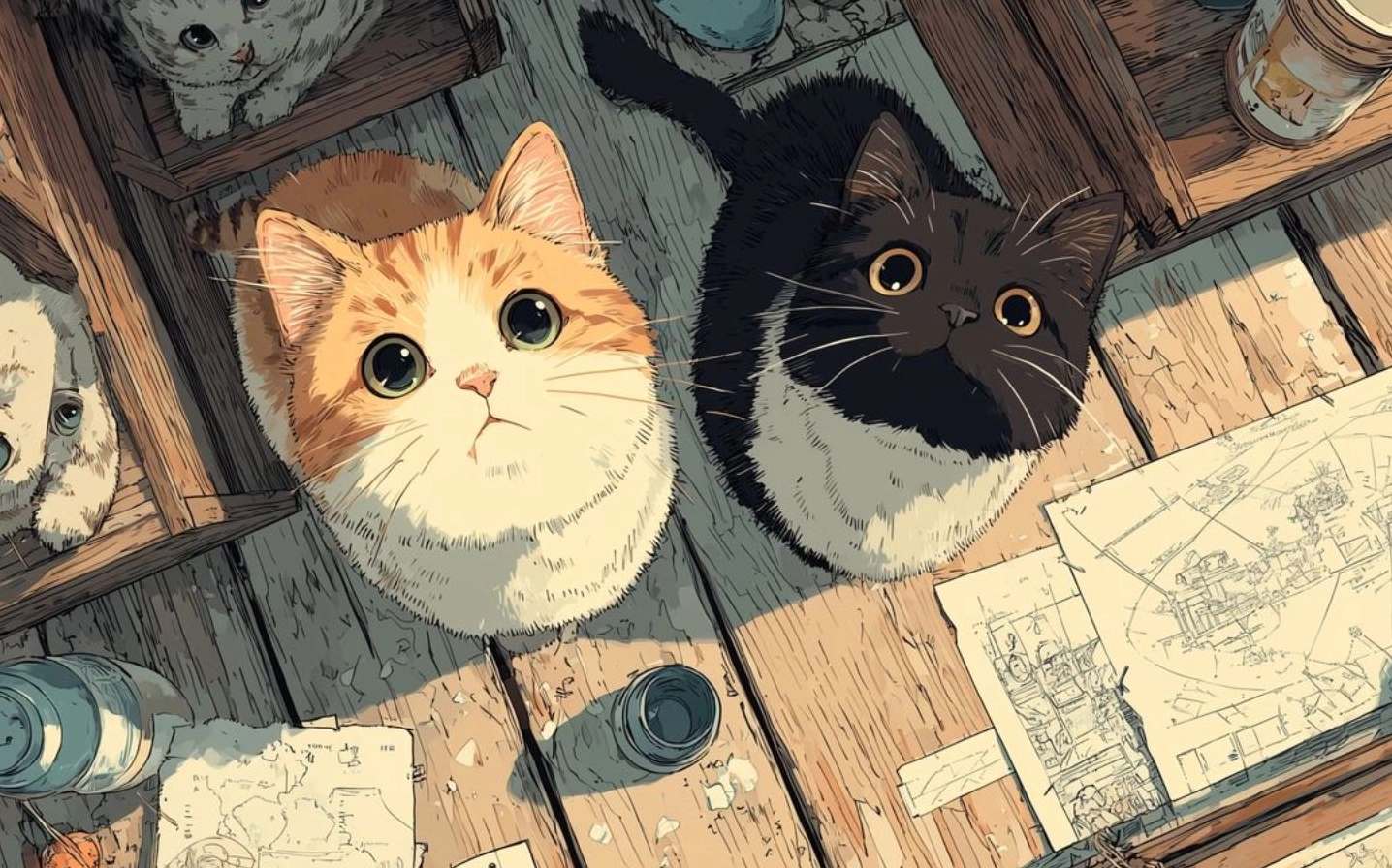 Ảnh meme Vô tri hai mèo nhìn lên đáng yêu