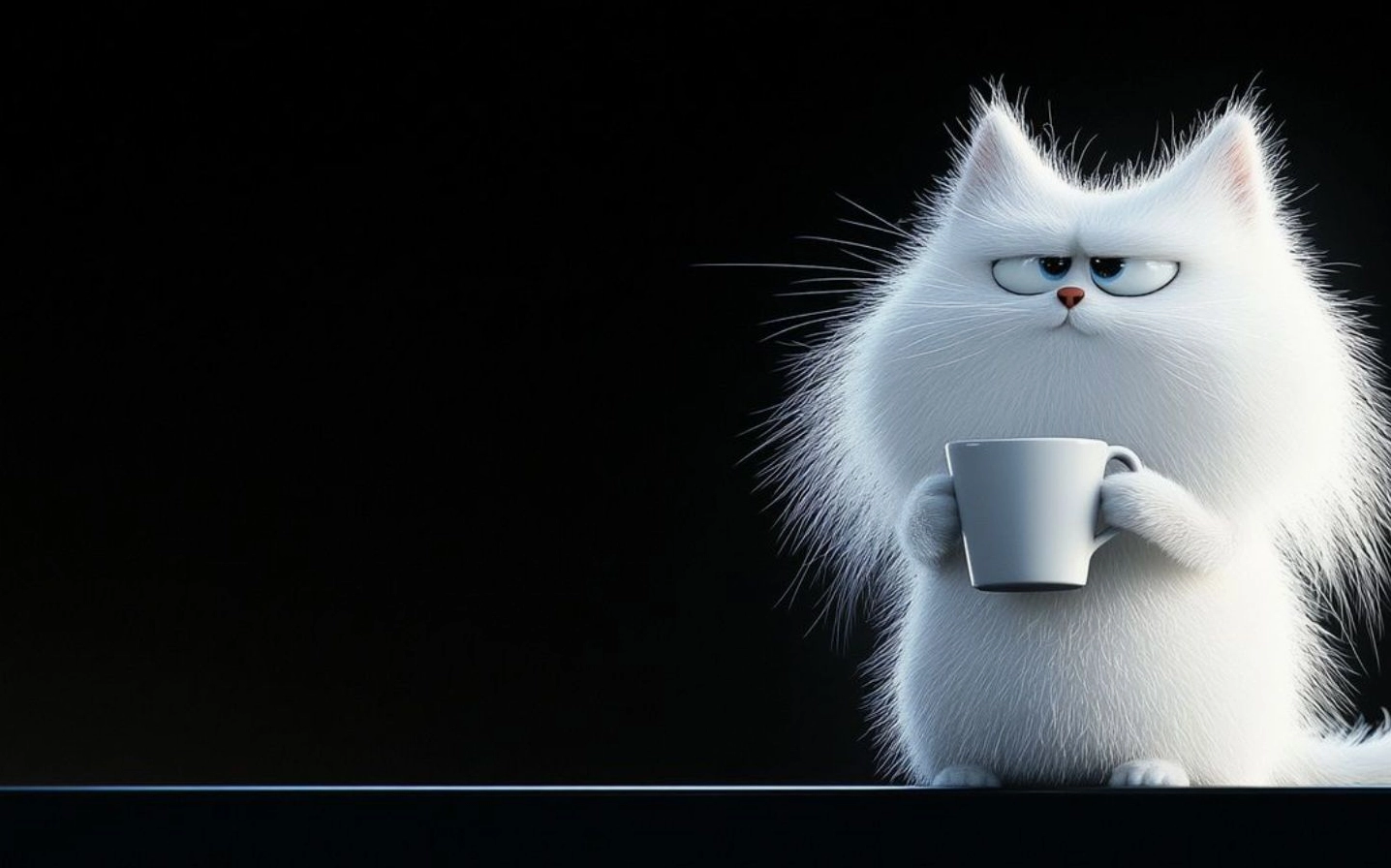 Ảnh meme Vô tri mèo trắng vô cảm cầm cốc cà phê