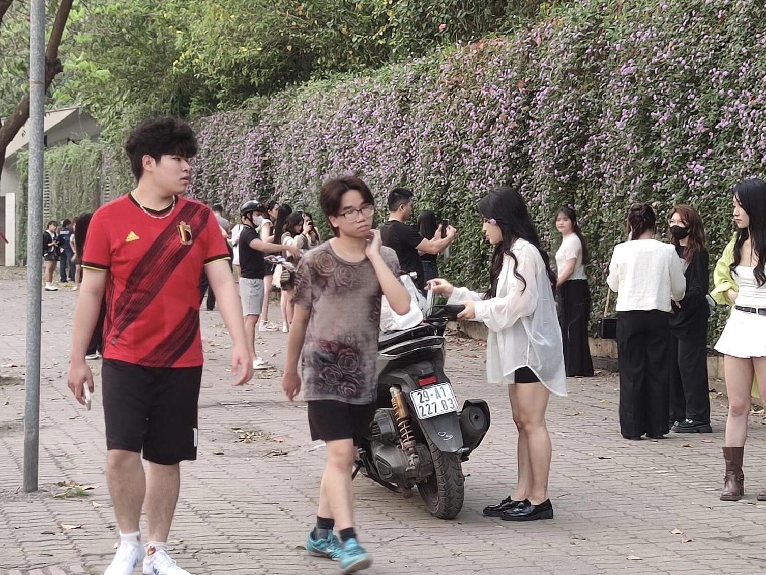 Cặp đôi cầm điện thoại ảnh meme Check-in sống ảo tường hoa ngọt ngào